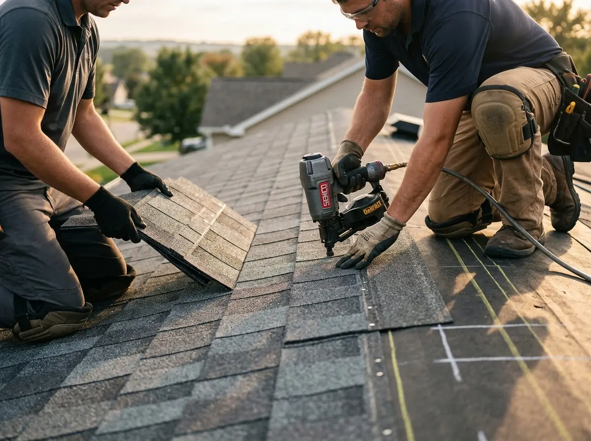 Professional roofer working on a residential roof in Seymour